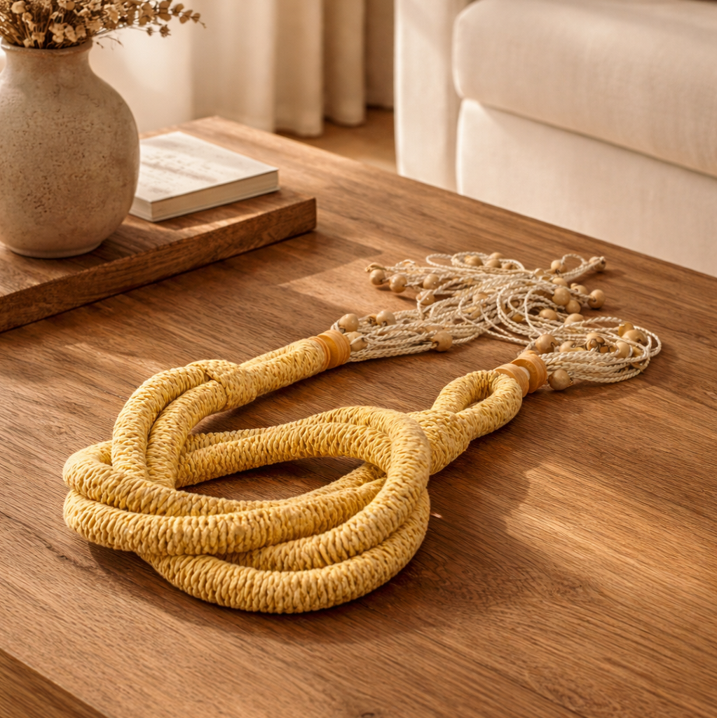 Colar de Mesa amarelo manteiga com Contas de Madeira, 1,20 m